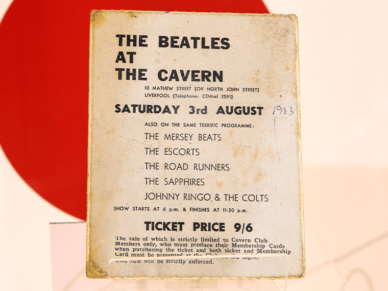 A ticket to The Beatles' last ever performance at The Cavern Club, which took place on 3rd August 1963. The band would hire Mal as a roadie/bodyguard just eight days later on 11th August 1963. This ticket can be seen at The Beatles Story, Liverpool.