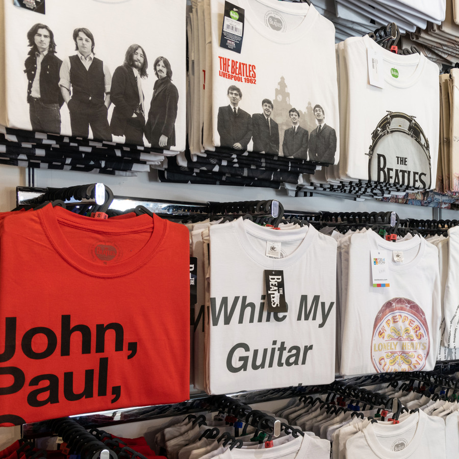 T-shirts from the Fab4 Store gift collection at The Beatles Story Museum in Liverpool