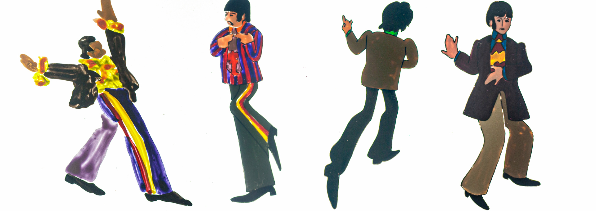 Four original gouache on celluloid animation cels depict all four of The Beatles, from scene #5 of the classic 1968 animated film Yellow Submarine