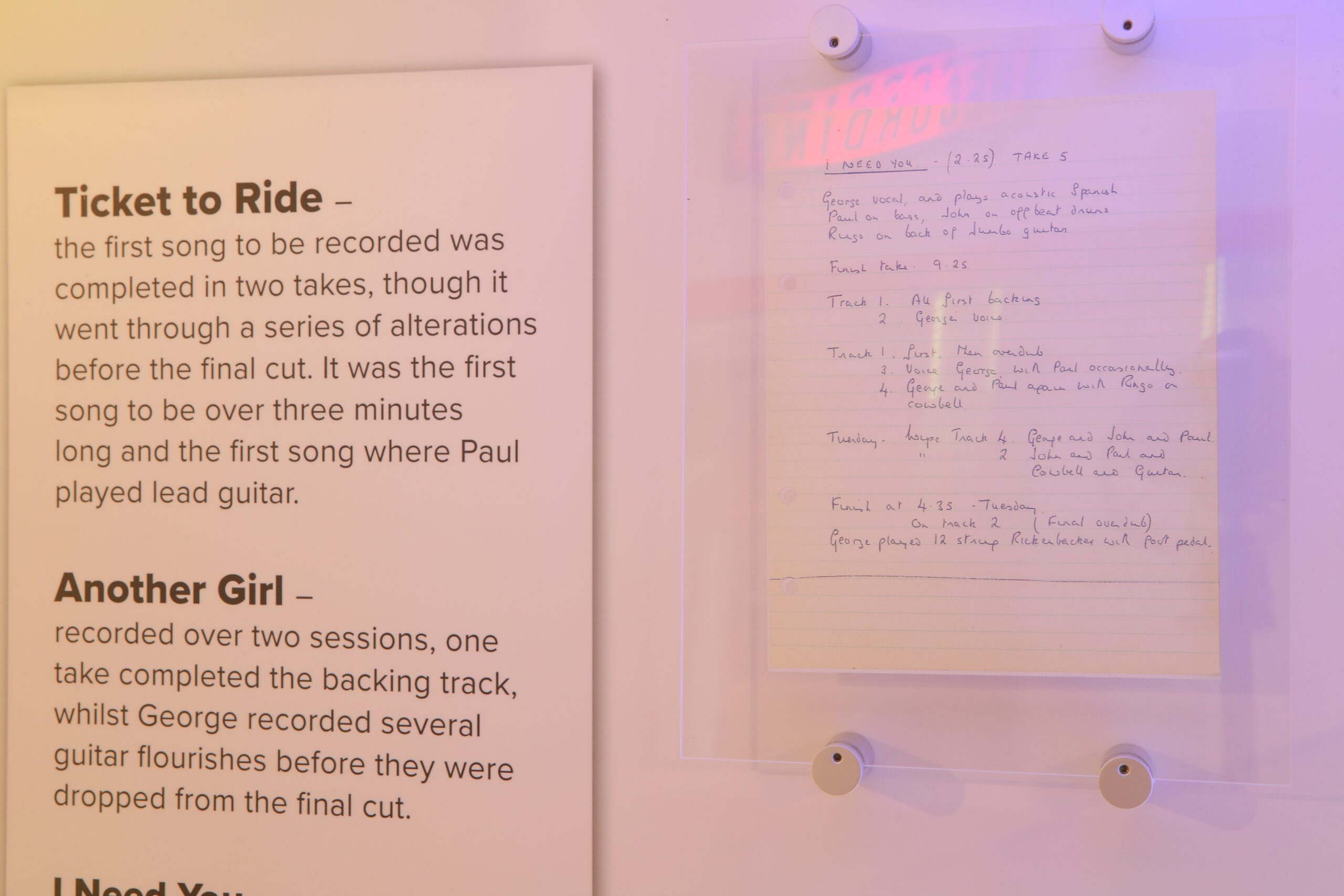 Sir George Martin's handwritten recording notes for the Help! sessions. On display at The Beatles Story.
