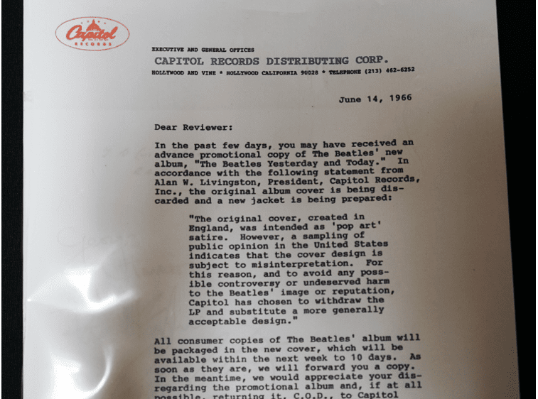 The original letter from Capitol Records regarding the change in album sleeve, part of The Beatles Story's Main Exhibition.