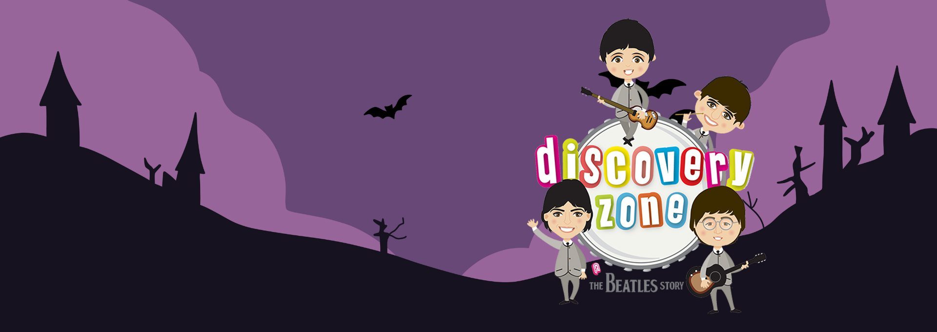 Cartoon Beatles in the Discovery Zone with a Halloween-themed background