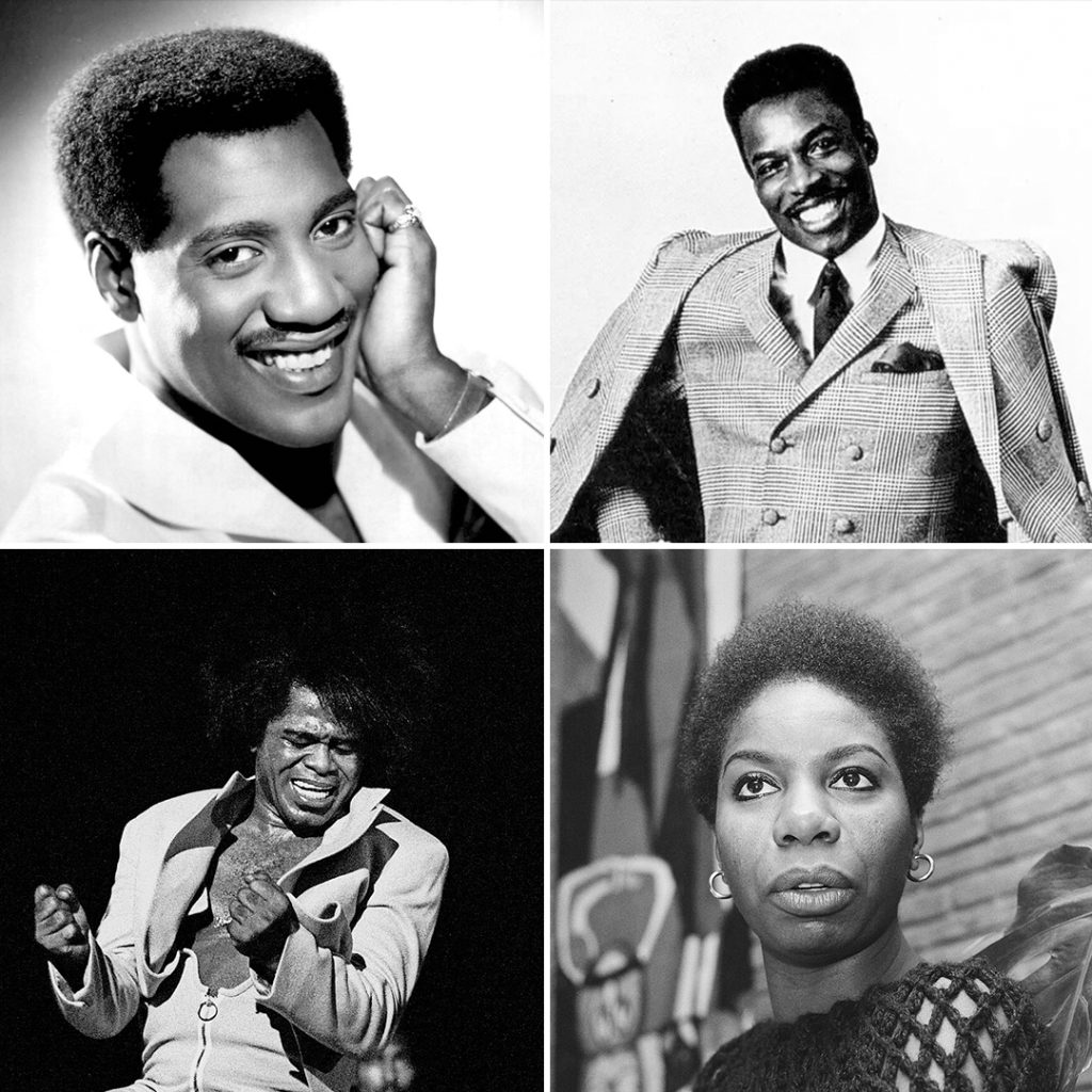 The soul legends who inspired Rubber Soul. From clockwise: Otis Redding, Wilson Pickett, Nina Simone, and James Brown. Images © Wikimedia Commons.